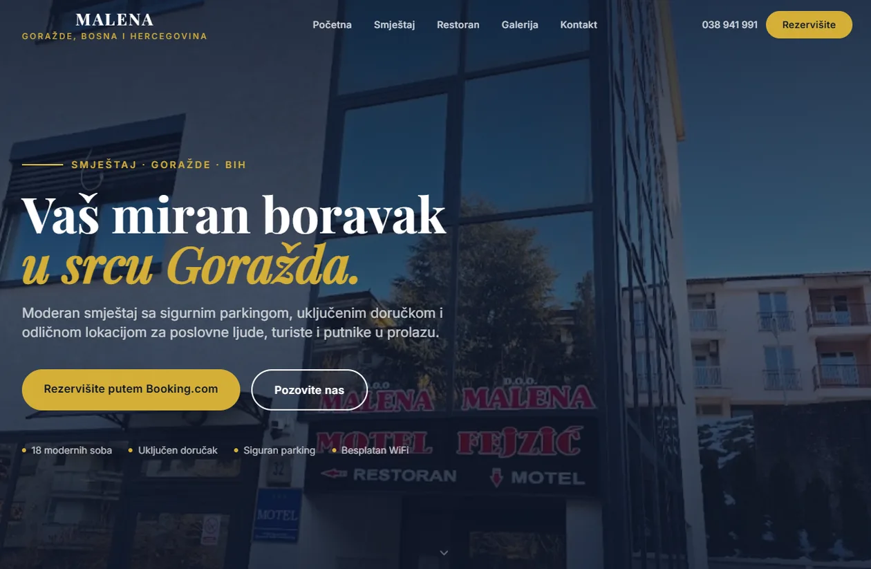 Početna stranica web stranice Motel Malena koju je izradio GrowDigital